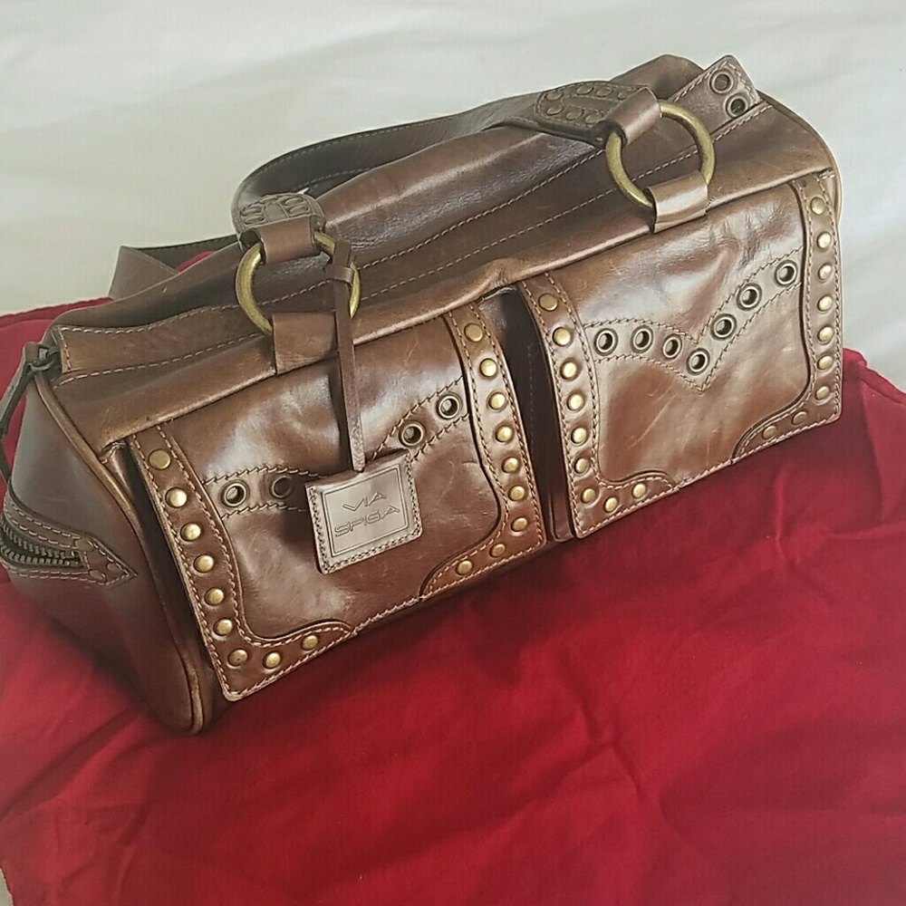 Vintage Via Spiga brown leather boxy brass studs top handle purse Bag Grommets